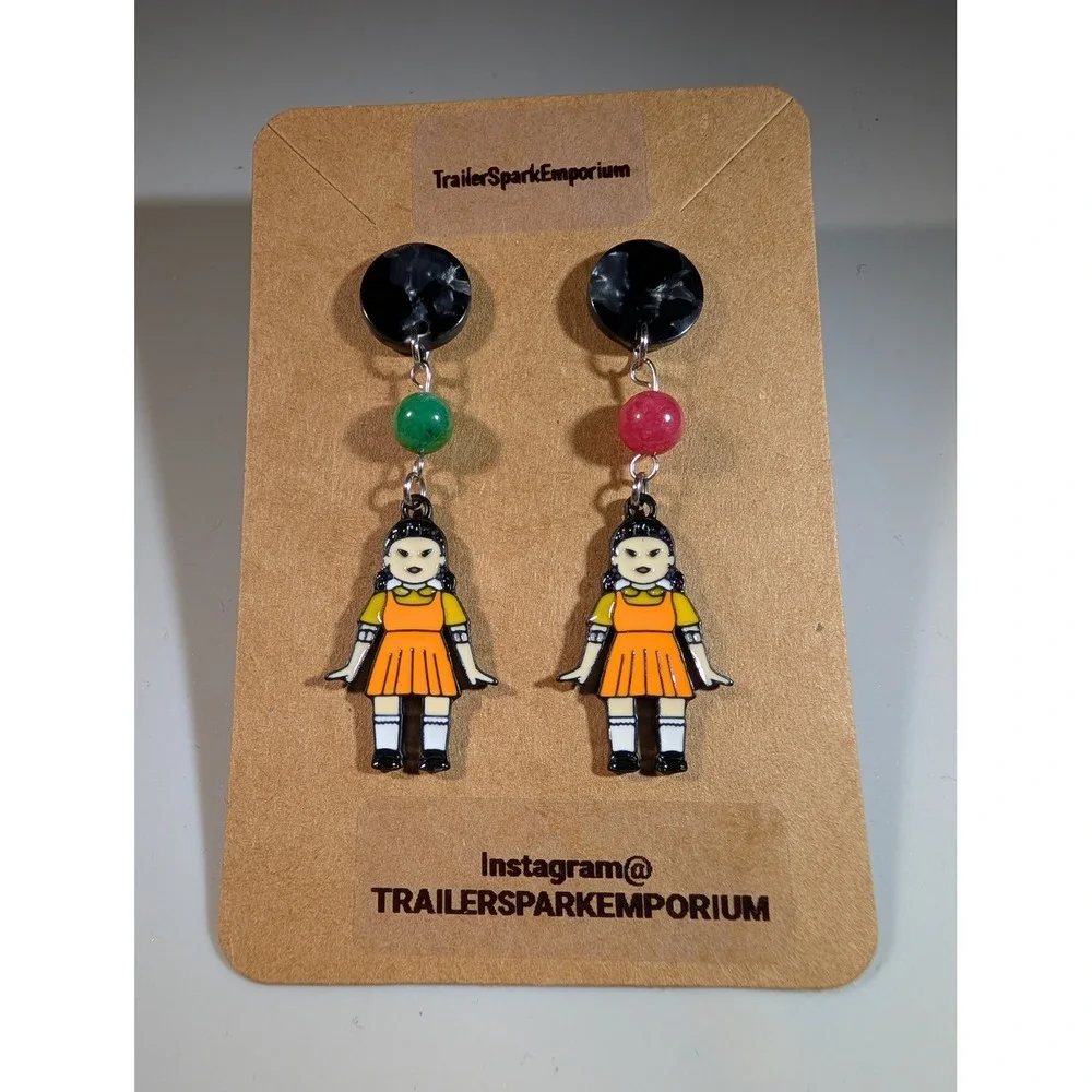 Squid Game Doll Earrings Nickel Free Handmade Drop Dangle Orange Yellow Doll